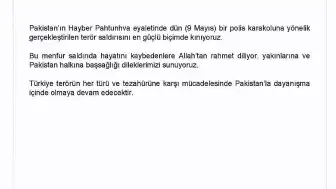 Dışişleri Bakanlığı'ndan Pakistan'daki Terör Saldırısına Kınama