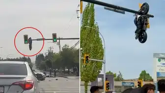 Kanada'da Trafik Işığında Asılı Kalan Motosiklet Şaşkınlık Yarattı