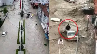 Samsun'un Havza İlçesinde Şiddetli Yağış Sele Neden Oldu: Araçlar Sürüklendi, Evler Sular Altında Kaldı