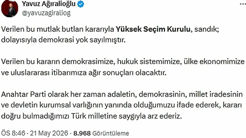 Ağıralioğlu: YSK Kararı Demokrasiyi Yok Saymıştır