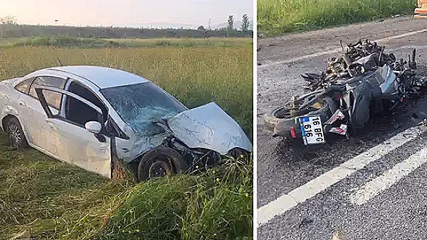 Bursa'da Trafik Kazası: Otomobil Tarlaya Uçtu, Elektrik Direğine Çarpan Motosiklet Sürücüsü Yaralandı
