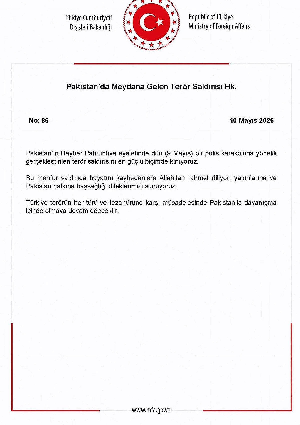 Dışişleri Bakanlığı'ndan Pakistan'daki Terör Saldırısına Kınama